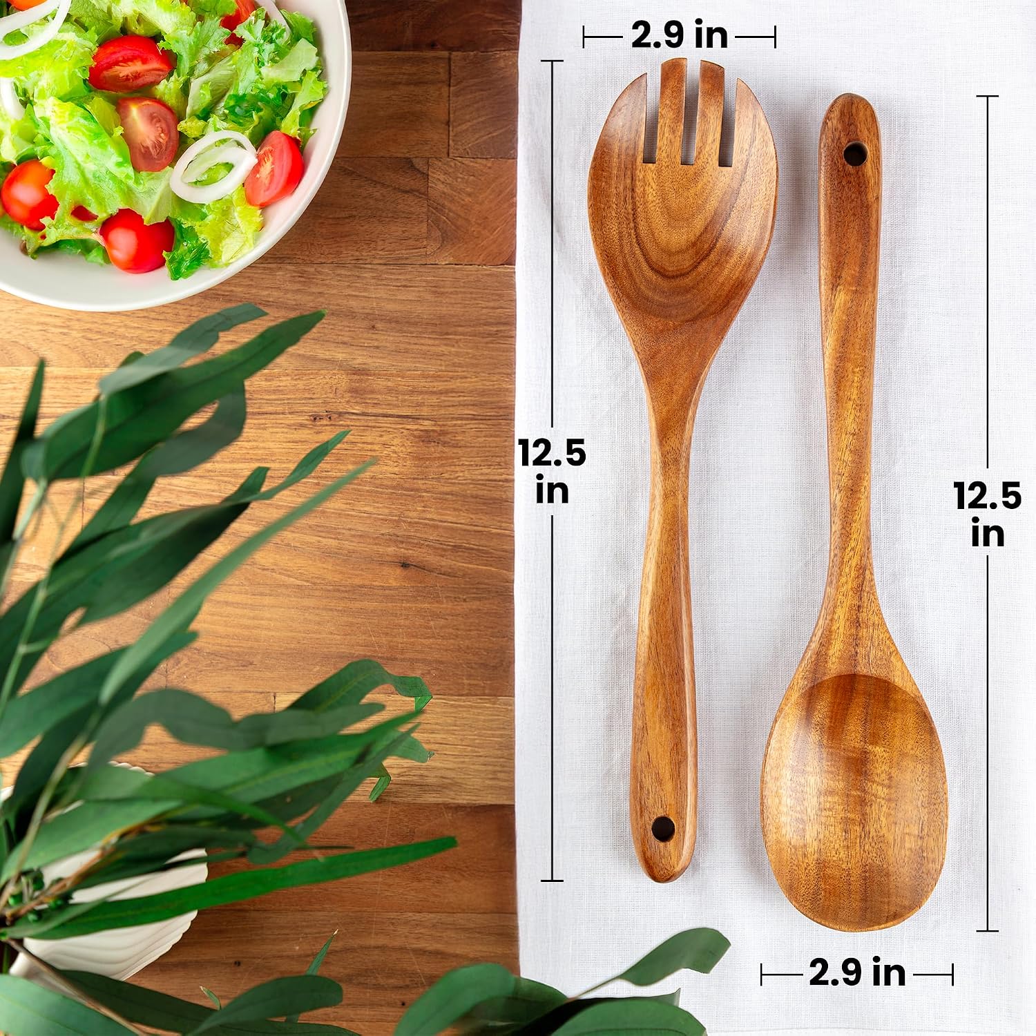 Zulay Kitchen Teak Wood Utensil Set – 2 Piece Large Wooden Salad Serving Spoon and Fork  Handcrafted Natural Teak Wood Kitchen Utensils  Durable  Nonstick Safe & Smooth Finish