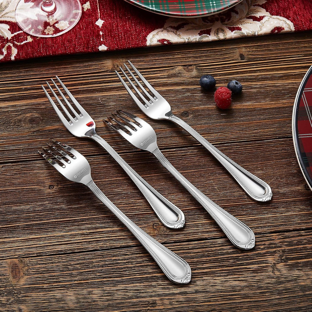 KEAWELL Pearl Edge 4-Piece Premium Fork Set  18/10 Stainless Steel  Fine Silverware with Mirror Finish  Dishwasher Safe (4  7.3" Salad Forks)