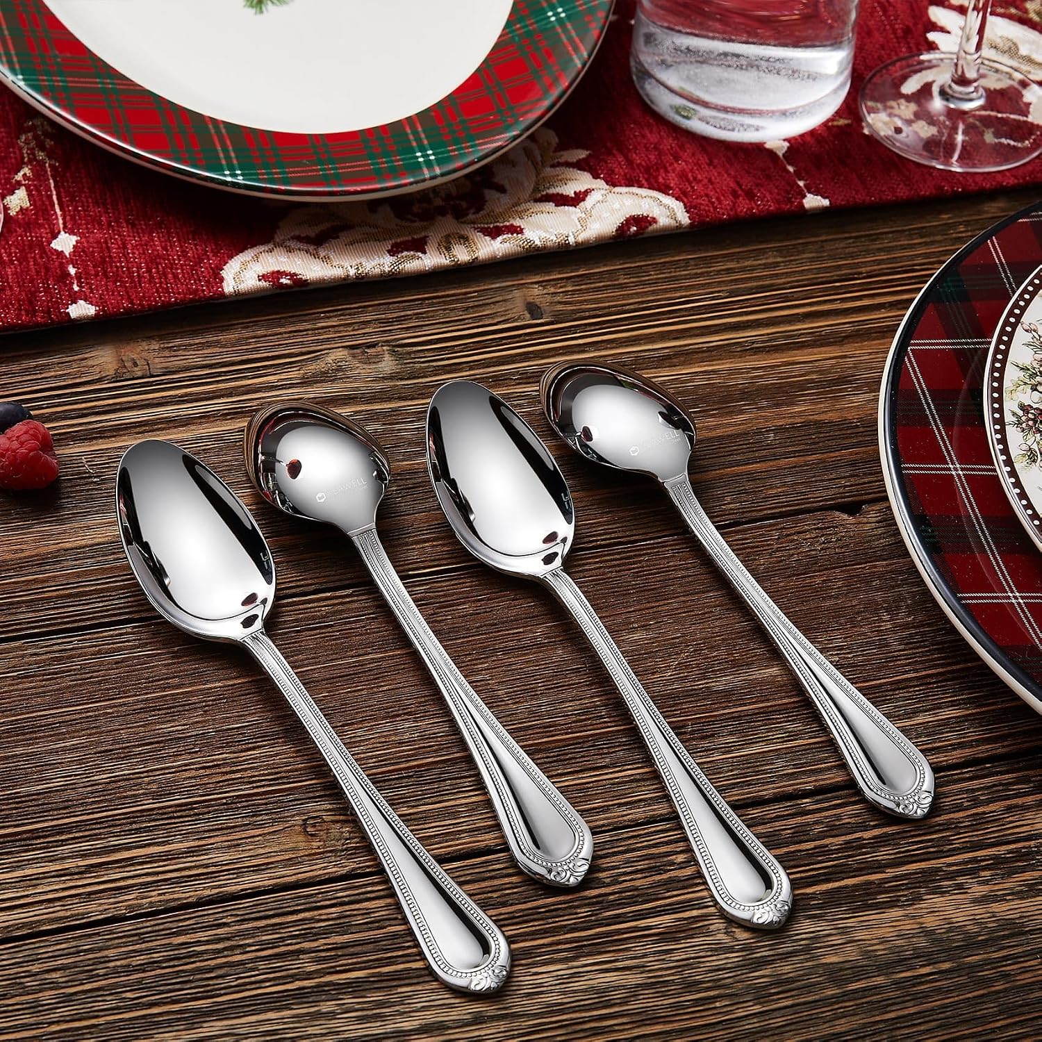 KEAWELL Pearl Edge 4-Piece Premium Spoon Set  18/10 Stainless Steel  Fine Silverware Spoons with Refined Bead Design  Brightly Polished  Dishwasher Safe (Silver  7.56" Dinner Spoons)