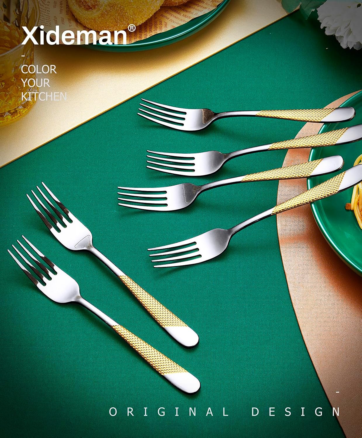 Xideman® 12-Piece Premium Hammered Salad Forks Set (6.7 inch)  18/10 Stainless Steel Forks Silverware  Mirror Polished Dessert Forks for Home  Kitchen  Restaurant  Dishwasher Safe (Silver Gold)
