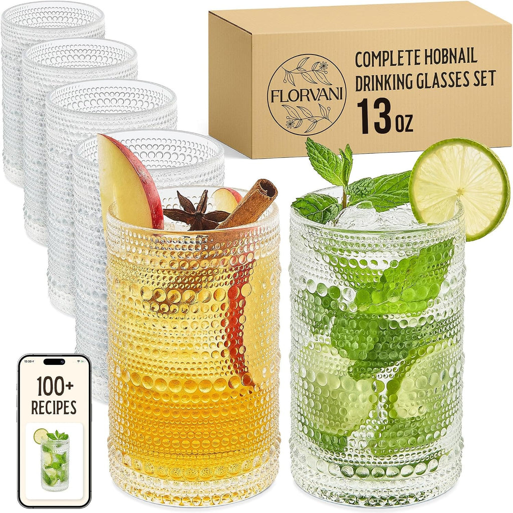 13 Oz Hobnail Drinking Glasses Set of 6 - Clear Multipurpose Glassware Sets  Decorative & Stylish Glasses Drinking Set for Bar  Kitchen  Cocktail Glassware  Garden - Home  Dining  & Kitchen