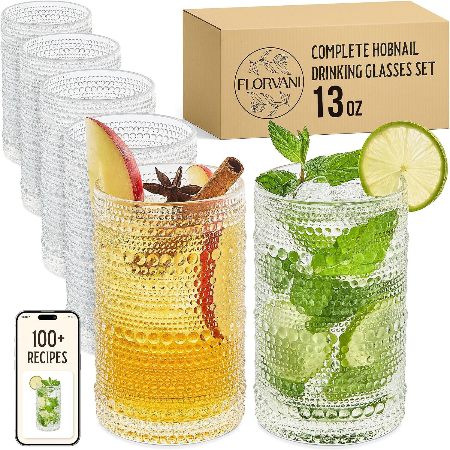 13 Oz Hobnail Drinking Glasses Set of 6 - Clear Multipurpose Glassware Sets  Decorative & Stylish Glasses Drinking Set for Bar  Kitchen  Cocktail Glassware  Garden - Home  Dining  & Kitchen