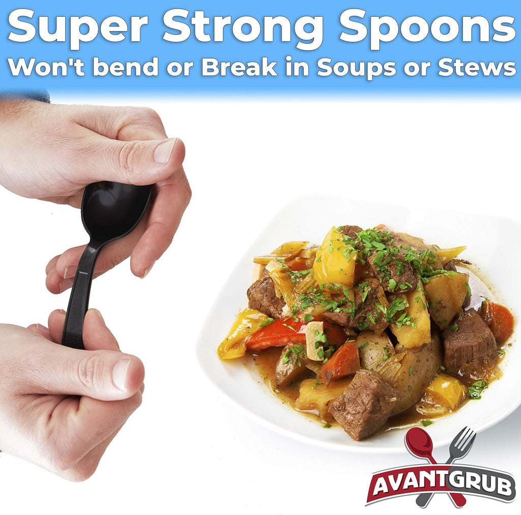 Extra Sturdy  Pro-Grade Plastic Soup Spoons 50 CT. Black  Heavy Duty Recyclable Utensils for Soups  Stews  Chili and Gumbo. Heavyweight Round Spoon is Perfect for Restaurants  Diners and Catering