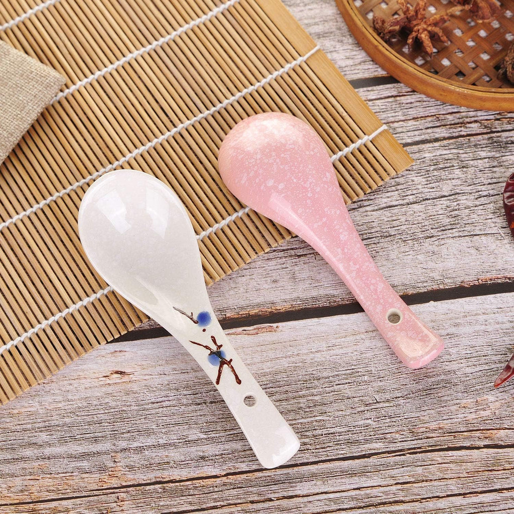 VanEnjoy Set of 4 Chinese/Japanese Ceramic Soup Spoons  Pink Cherry Blossom in Snow Pattern Ceramic Spoon Suitable for Soup