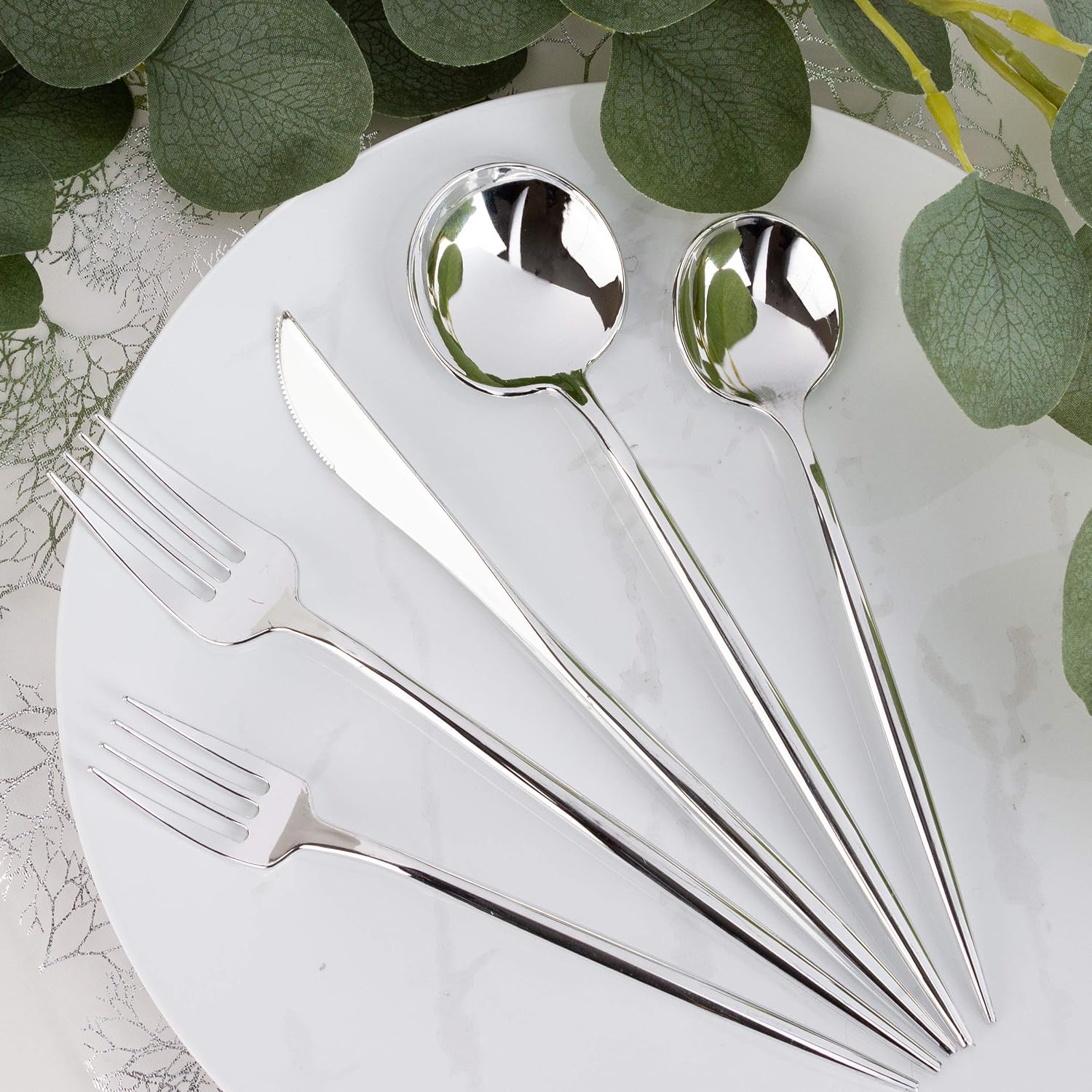 Novelty Modern Flatware  Cutlery  Disposable Plastic Salad forks Luxury Silver 64 Count