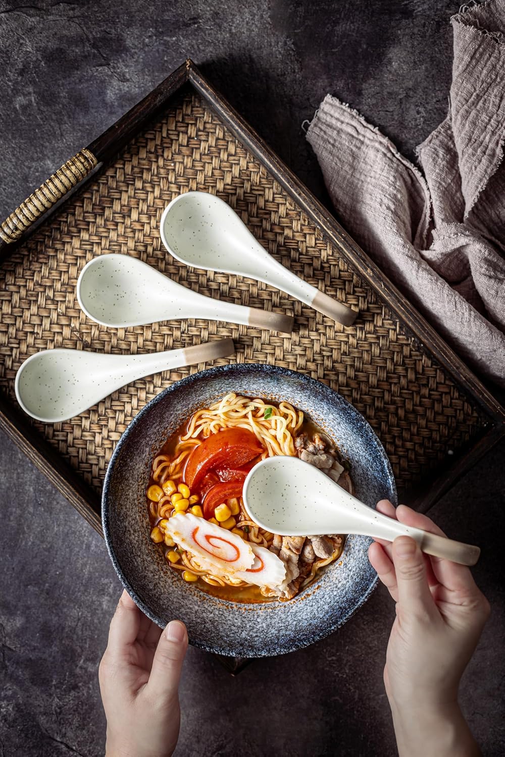 LYEOBOH 6 Pieces Asian Soup Spoons  Japanese Kitchen Soup Spoon Set  Dinner Tablespoons with Long Handle for Cereal  Ramen  Ice Cream  Dishwasher & Microwave Safe  Rustic Decor  White and Brown