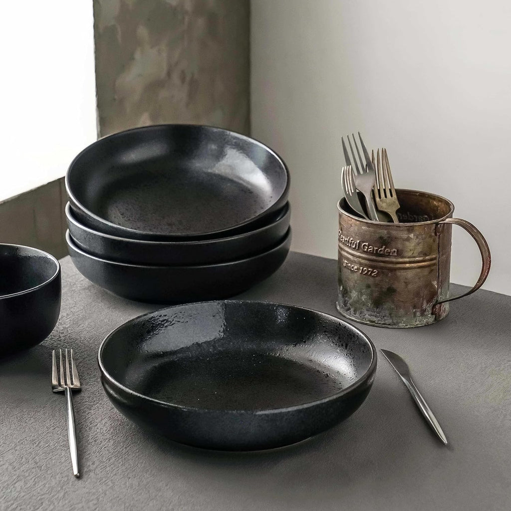 S&Q'S CERAMICS Large Pasta Bowls  65 ounce Large Salad Bowls Set of 4  10'' Ceramic Wide Shallow Bowl Plates  Large Serving Bowls for Fruit  Party Entertaining  Microwave Safe(Black and Grey)