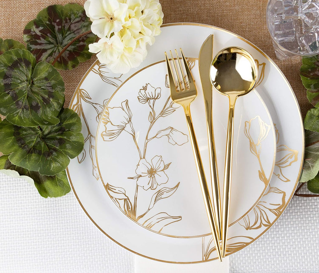 Novelty Modern Flatware  Cutlery  Disposable Plastic Soup Spoons Luxury Gold 32 Count