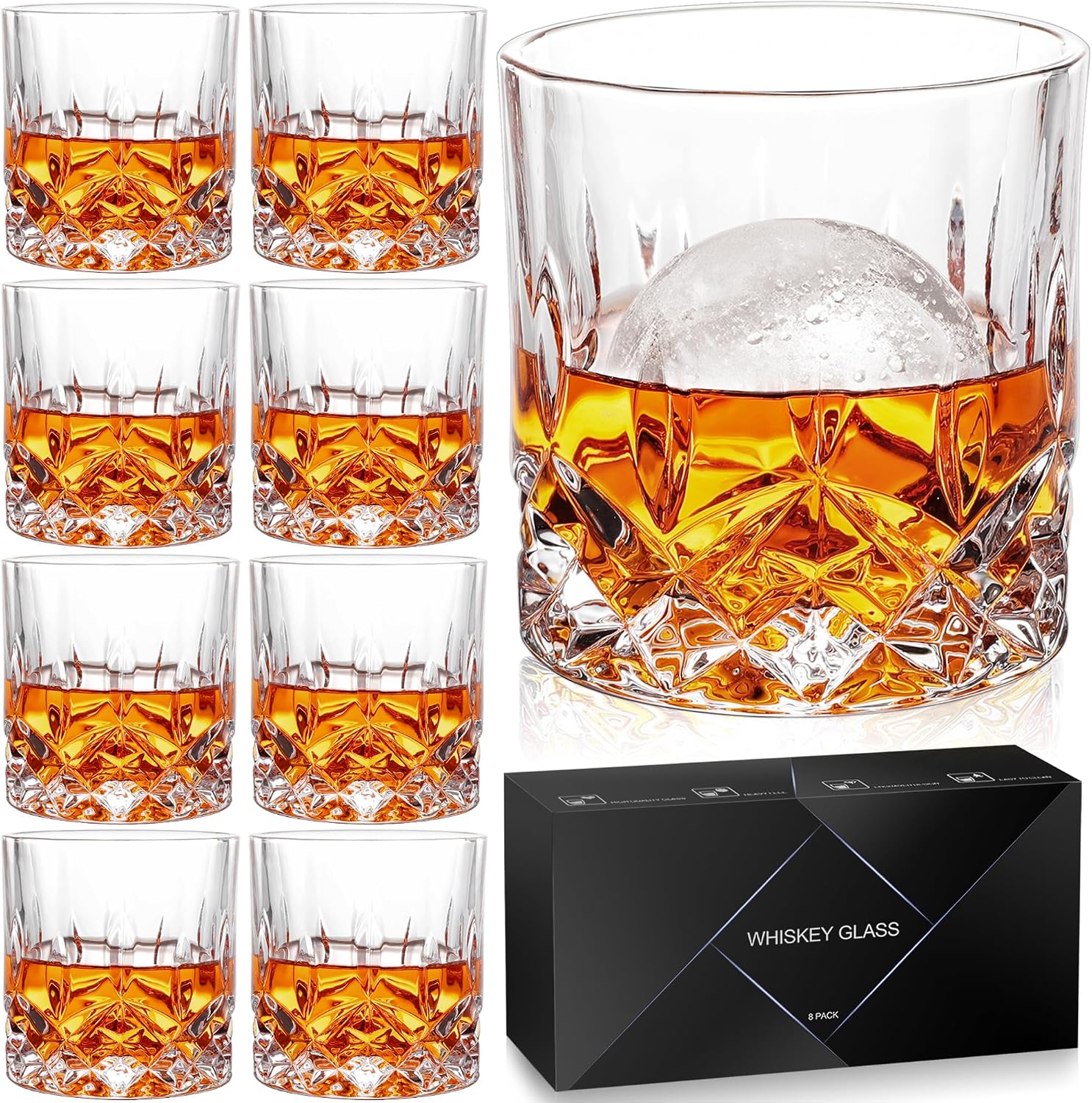 Whiskey Glasses Set of 8  11 oz Crystal Old Fashioned Glasses  Buy 6 Get 2 Free  Perfect for Bourbon  Scotch  Vodka  Gift for Men  Women  Dad  Father