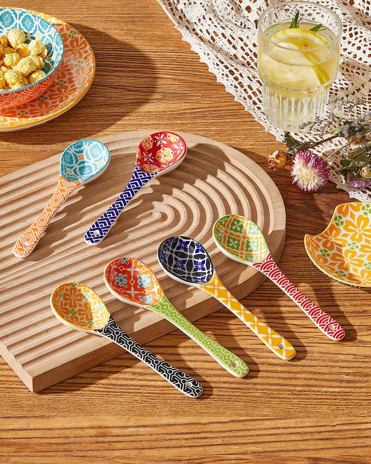 Ceramic Small Serving Spoons  Colorful Soup Spoon Set for Cereal  Yogurt  Dips  Ice Cream  Ramen  Dishwasher & Microwave Safe  Cute Decorative Spoon Set of 6