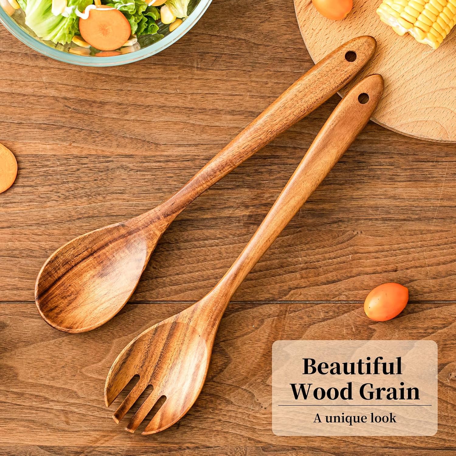 Gudamaye Acacia Wooden Salad Server Set 13 inch Salad Tongs for Serving including Salad Mixing Dinner Fork and Spoon Long Handle Salad Server Set