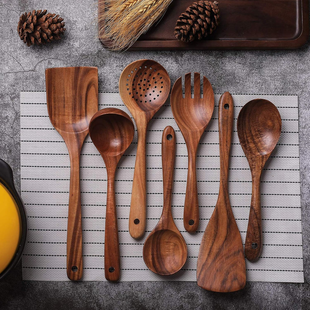 Wooden Non-Stick Kitchen Pan Toolset 7 Pieces Set 100% Natural Teak Kitchen Utensils Spatula  Wooden Cooking Utensils Spoons  Fried Spatula and Salad Fork