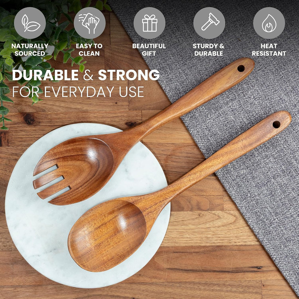 Zulay Kitchen Teak Wood Utensil Set – 2 Piece Large Wooden Salad Serving Spoon and Fork  Handcrafted Natural Teak Wood Kitchen Utensils  Durable  Nonstick Safe & Smooth Finish