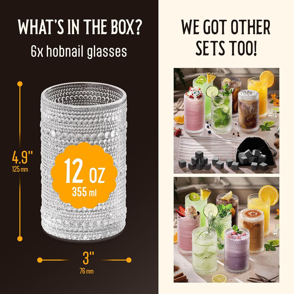 12 Oz Hobnail Drinking Glasses Set of 6 - Clear Multipurpose Glassware Sets  Decorative & Stylish Glasses Drinking Set for Bar  Kitchen  Cocktail Glassware  Garden - Home  Dining  & Kitchen