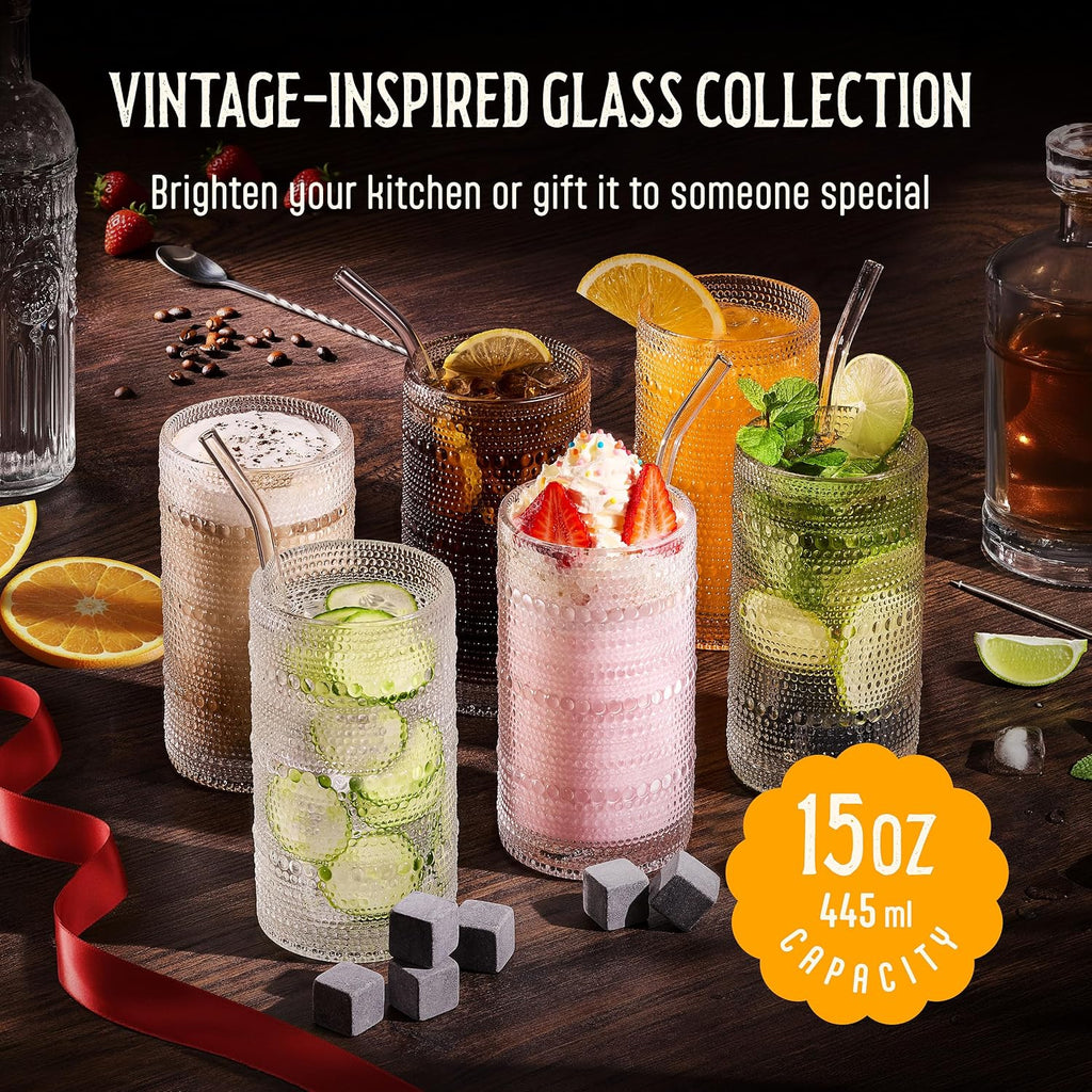 15 Oz Hobnail Drinking Glasses Set of 6 - Clear Multipurpose Glassware Sets  Decorative & Stylish Glasses Drinking Set for Bar  Kitchen  Cocktail Glassware  Garden - Home  Dining  & Kitchen