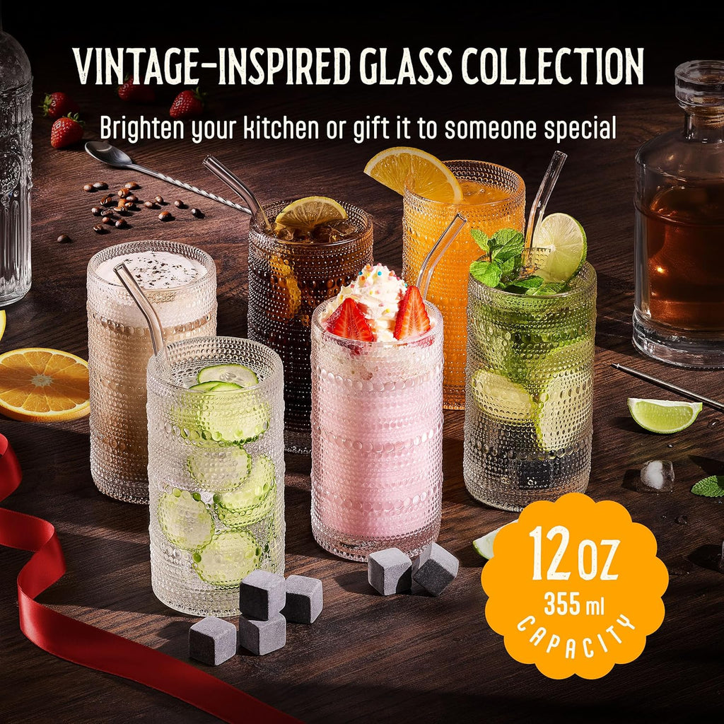 12 Oz Hobnail Drinking Glasses Set of 6 - Clear Multipurpose Glassware Sets  Decorative & Stylish Glasses Drinking Set for Bar  Kitchen  Cocktail Glassware  Garden - Home  Dining  & Kitchen