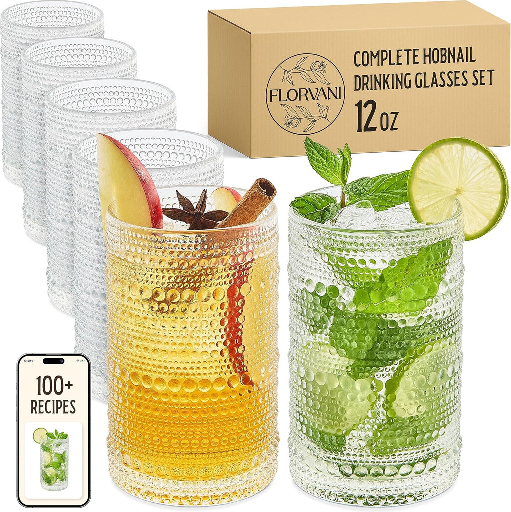 12 Oz Hobnail Drinking Glasses Set of 6 - Clear Multipurpose Glassware Sets  Decorative & Stylish Glasses Drinking Set for Bar  Kitchen  Cocktail Glassware  Garden - Home  Dining  & Kitchen
