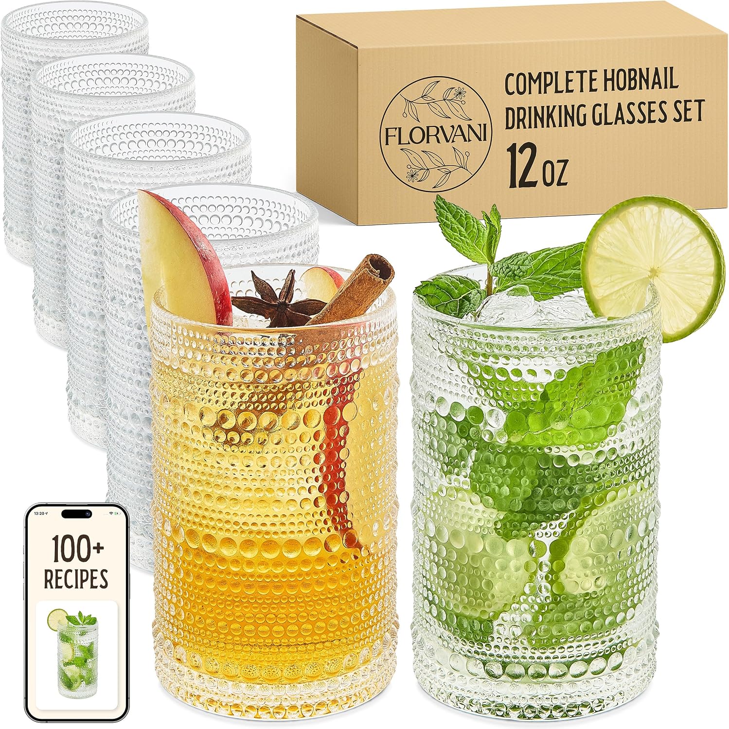 12 Oz Hobnail Drinking Glasses Set of 6 - Clear Multipurpose Glassware Sets  Decorative & Stylish Glasses Drinking Set for Bar  Kitchen  Cocktail Glassware  Garden - Home  Dining  & Kitchen