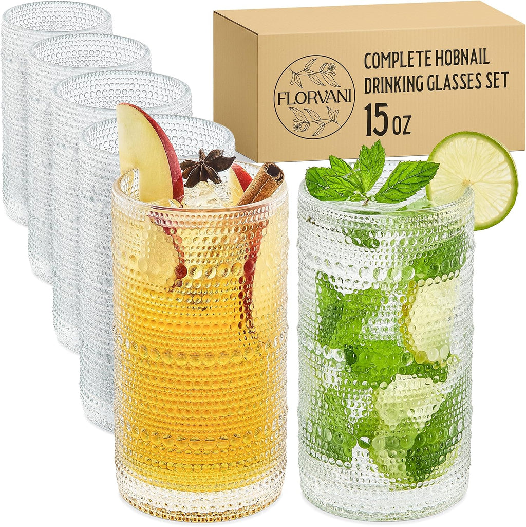15 Oz Hobnail Drinking Glasses Set of 6 - Clear Multipurpose Glassware Sets  Decorative & Stylish Glasses Drinking Set for Bar  Kitchen  Cocktail Glassware  Garden - Home  Dining  & Kitchen